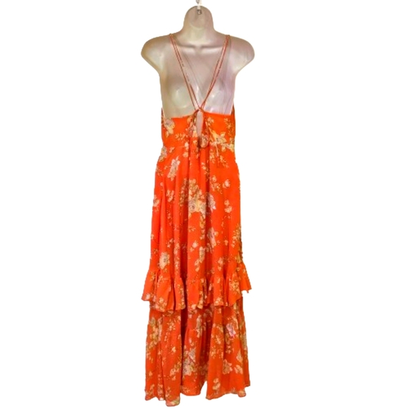 Urban Outfitters Orange/Yellow MultiColor Floral Strappy Ruffle Maxi Dress,Large - Picture 3 of 16